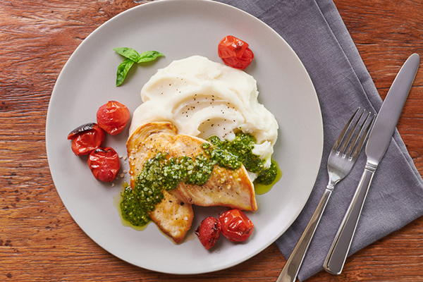 Pesto Chicken Mashed Potatoes and Broiled Grape Tomatoes by Idahoan