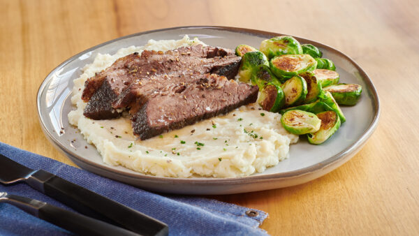 Butter & Herb Mashed Potatoes with Corned Beef Brisket and Roasted Brussels Sprouts